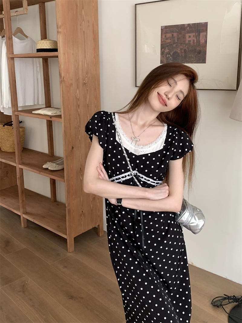【dress】レース切り替えドット柄ワンピース　M29690