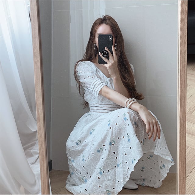 【dress】気質スウィート刺繍着痩せスクエアネック透かし彫りパフスリーブ花柄配色ワンピースF0035