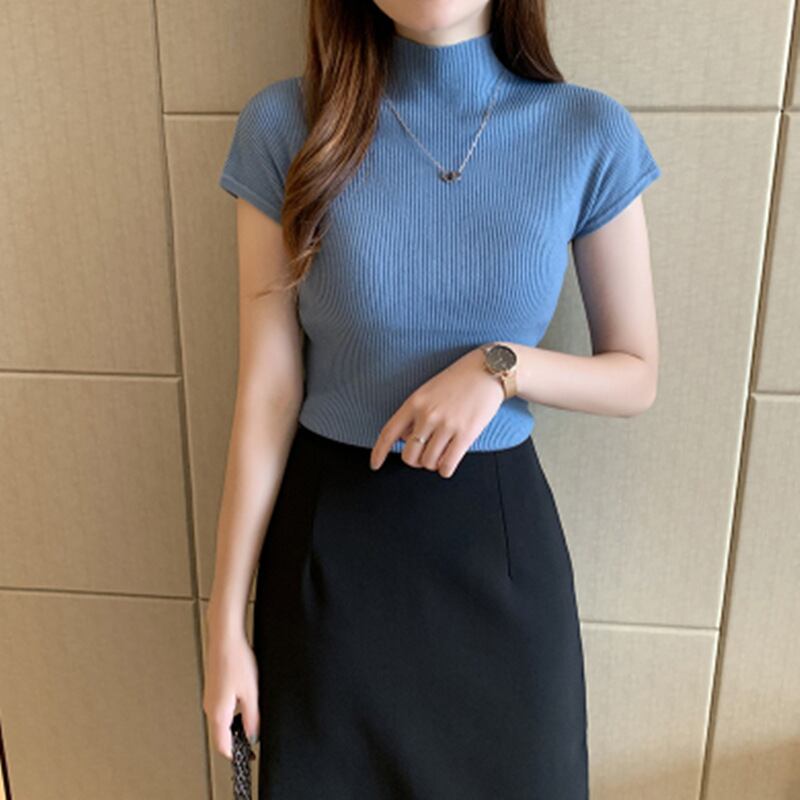 【tops】シンプルハーフネック半袖無地体型カバー着回しニットF0020