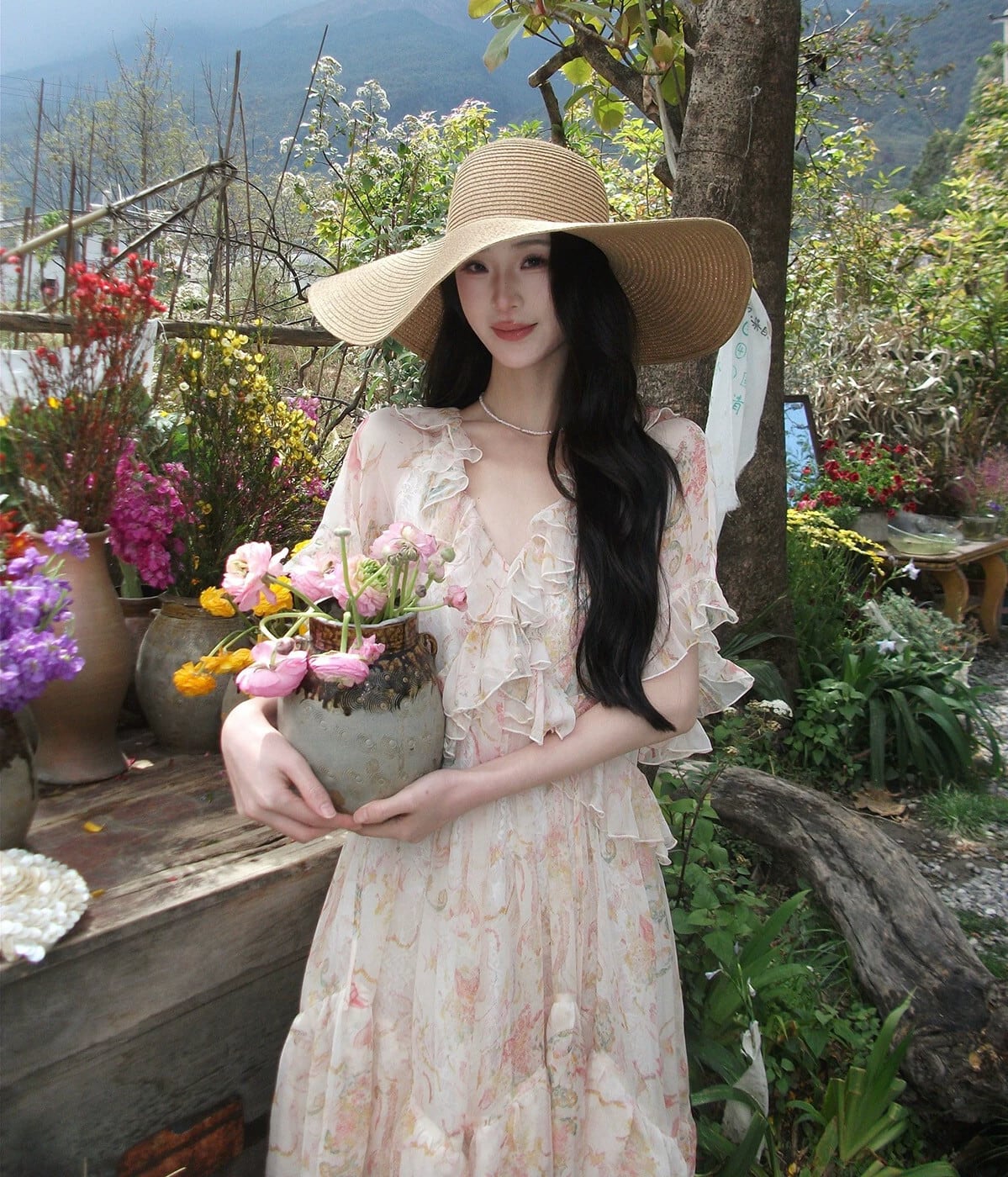 【dress】フリルプリントロングワンピース  N3575