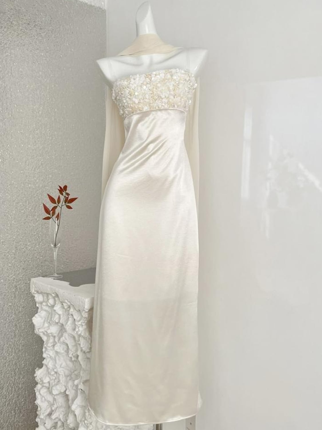 【dress】スカーフ付きオフショルダーロングドレス Q7794