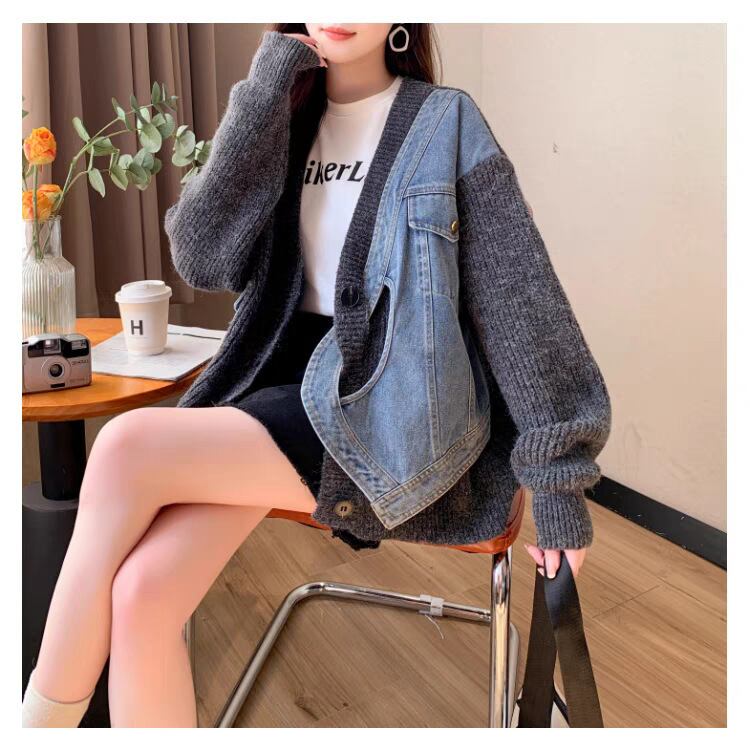 【outer】デニム切り替えニットカーデ　M29328
