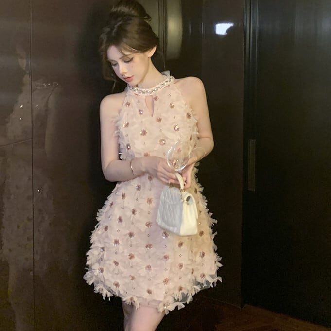 【dress】フラワーモチーフホルターネックワンピース　M24639