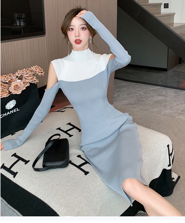 【dress】配色ドッキングオフショルダーニットワンピース　M18121