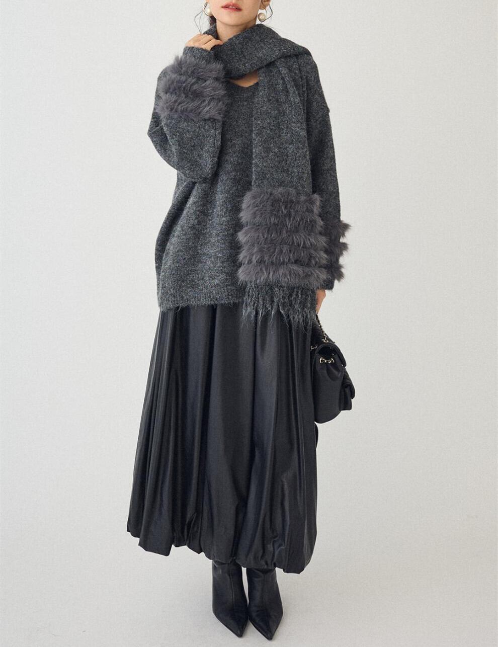 【tops】マフラー付き袖ファーニットトップス     N3473