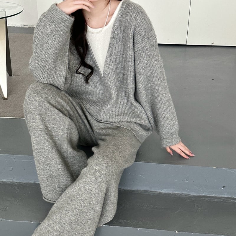 【set】フェイクレイヤードニットトップス×ワイドパンツセット Q7247