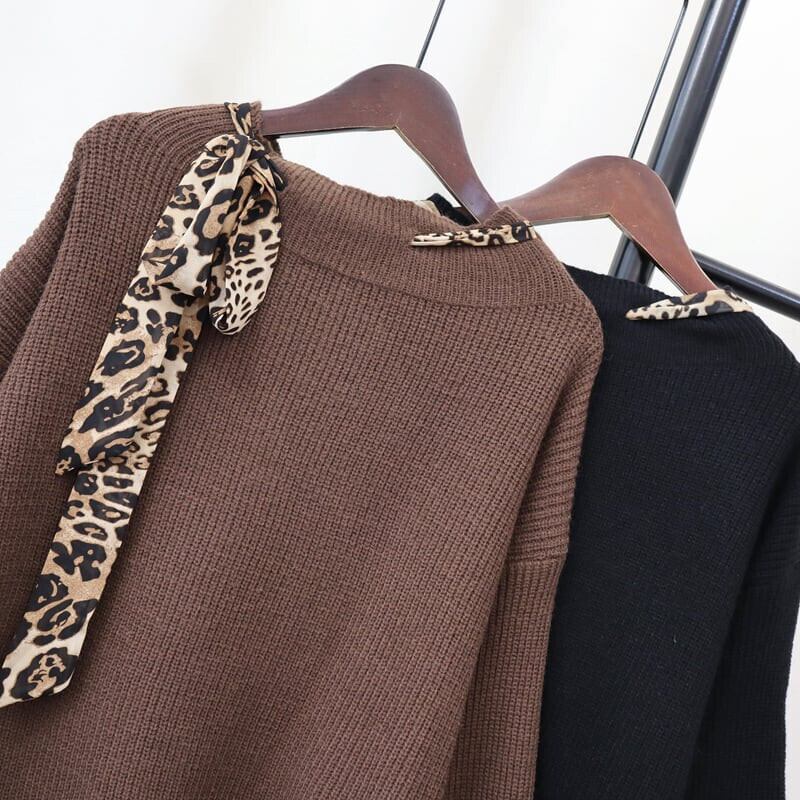 【tops】ヒョウ柄ボウタイニットトップス　M26760