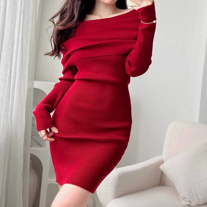 【dress】オフショルダーニットワンピース　M28033