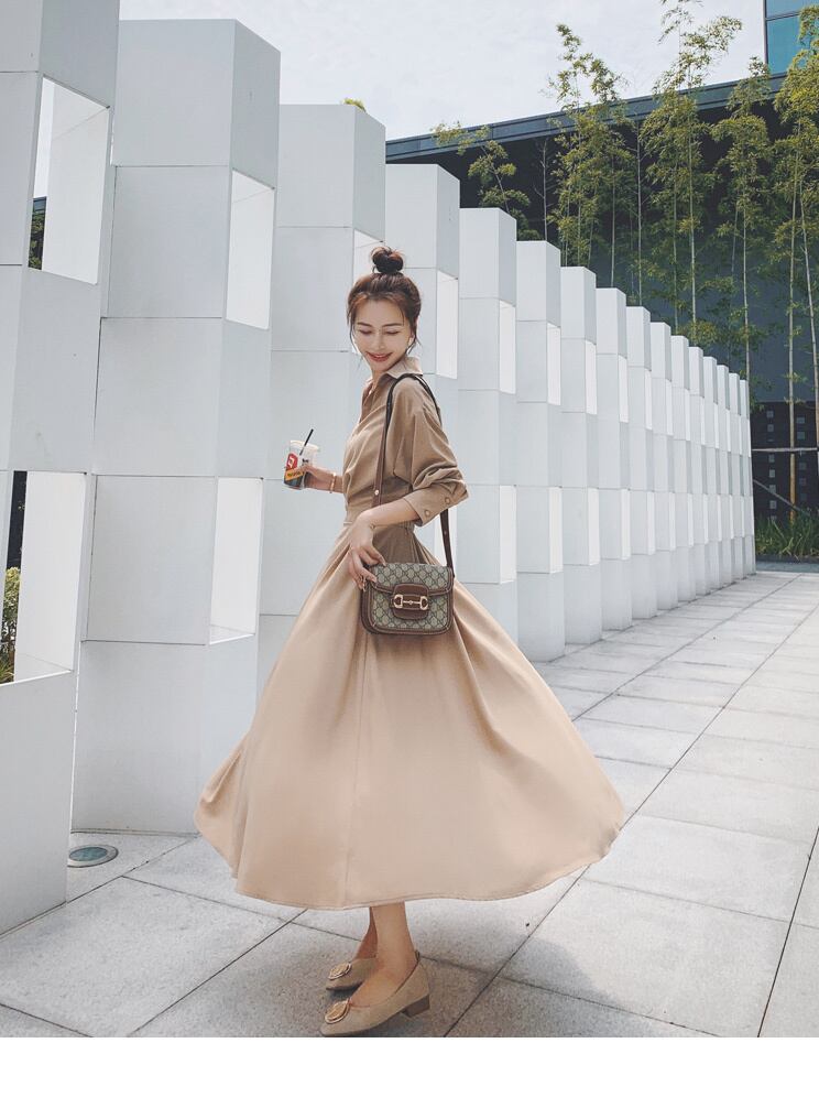 【dress】OL通勤気質満点レトロスウィート長袖Vネック無地着痩せワンピース