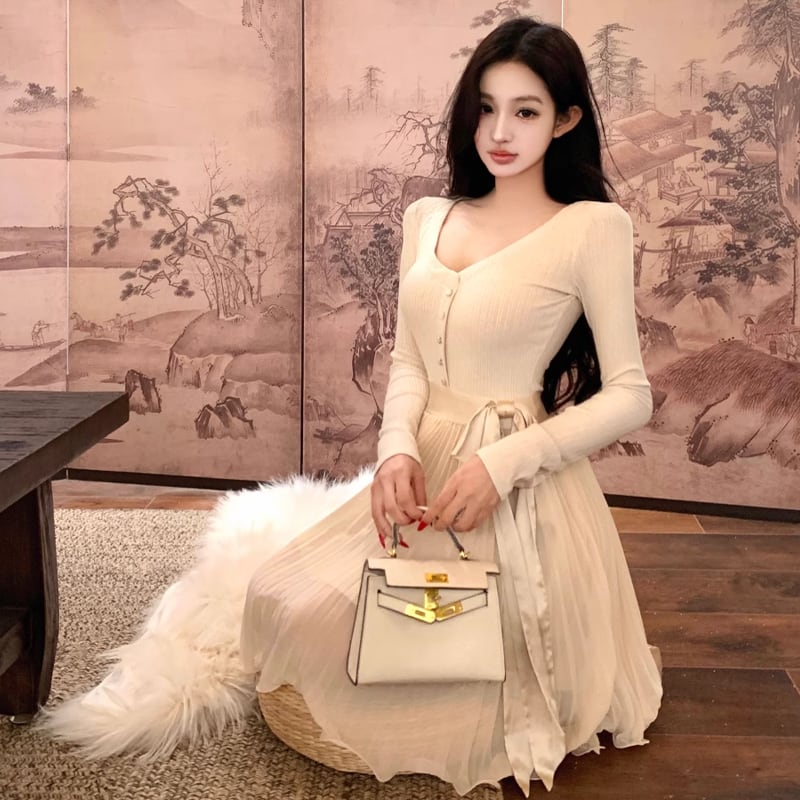 【dress】リボン付きプリーツニットワンピース Q7283