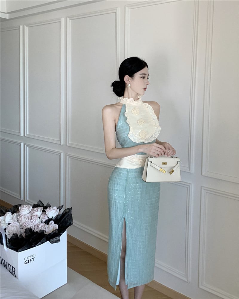 【set】ノースリーブ立体フラワートップス×スカートセット　M24078
