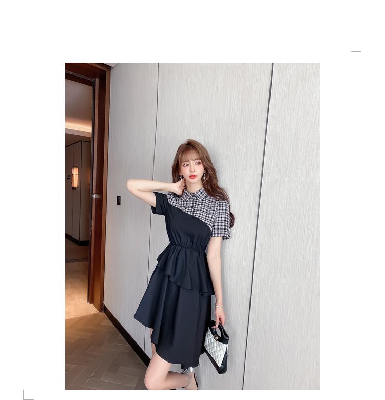 【dress】高級感!気質満点OL通勤POLOネック切り替えチェック柄ワンピースF0033