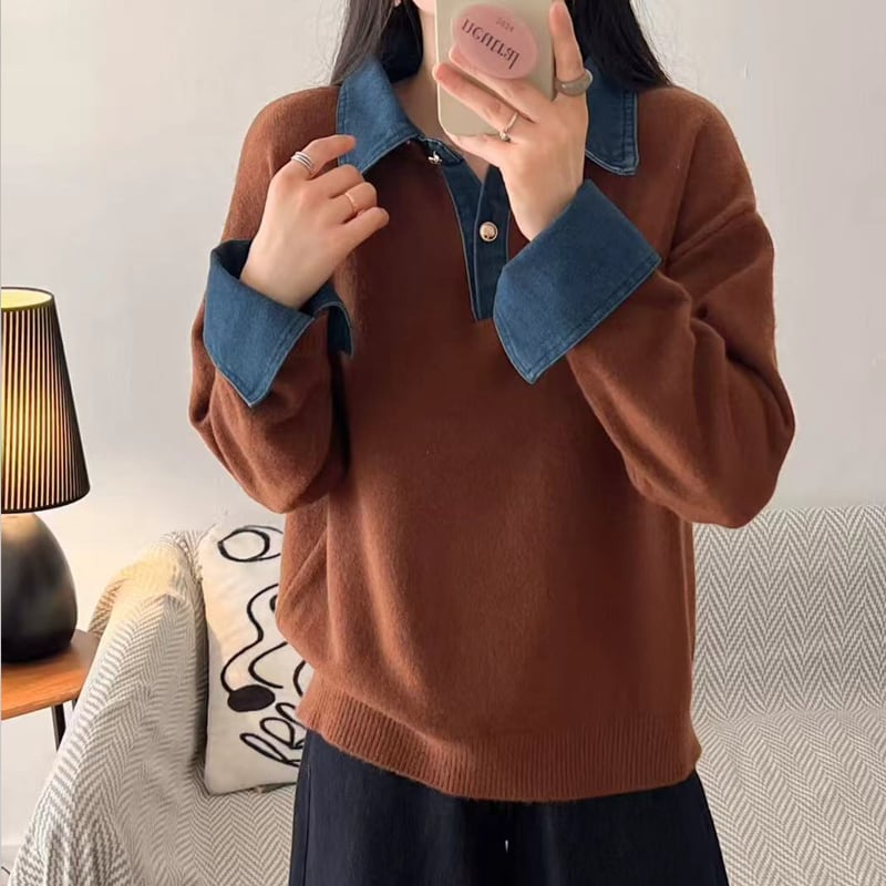 【tops】デニムドッキングニットトップス Q7216