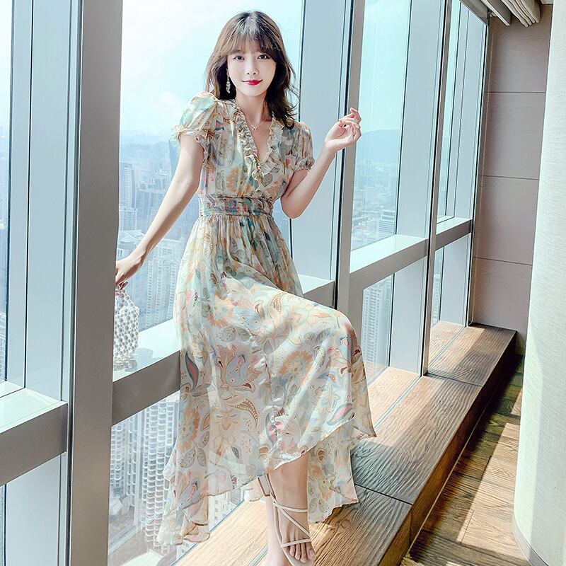 【dress】好感度満載！Vネック半袖夏海旅行シフォン花柄配色ワンピース F0343