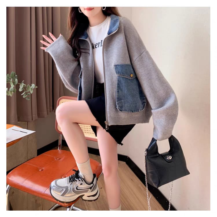 【outer】デニム切り替えニットカーデ　M25745