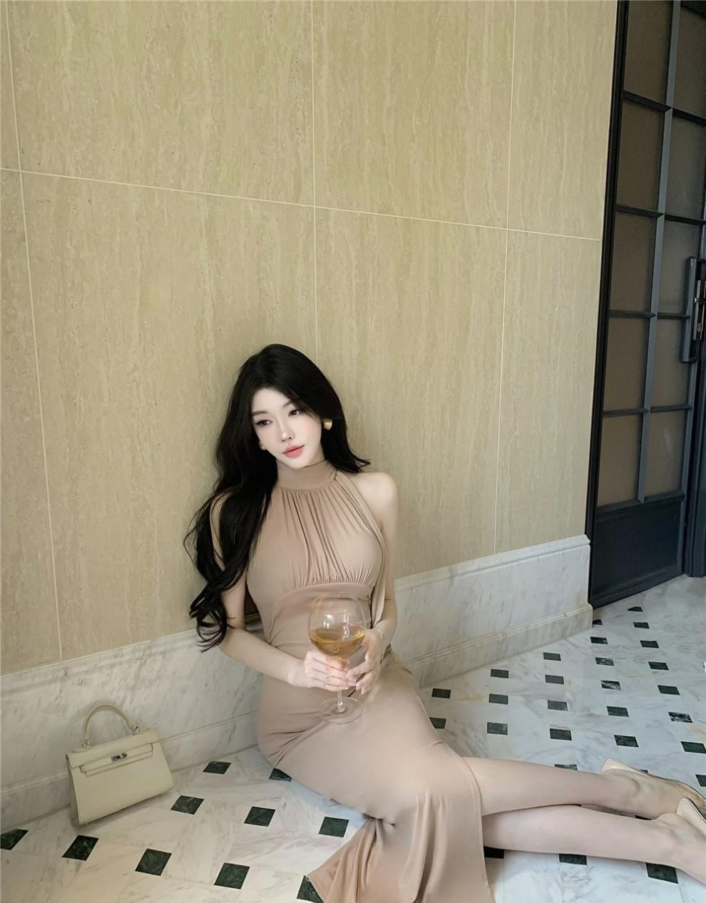 【dress】ノースリーブホルターネックロングワンピース Q7995