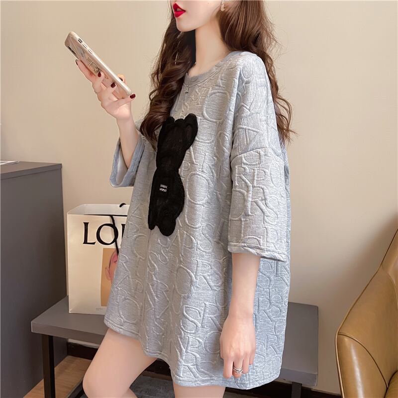 【tops】オシャレ度満点〜2色ラウンドネック半袖配色着回しゆったりTシャツF0156