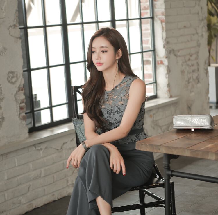 【set】美人度アップ!レース洋気切り替えノースリーブハイウエストオールインワン G0426