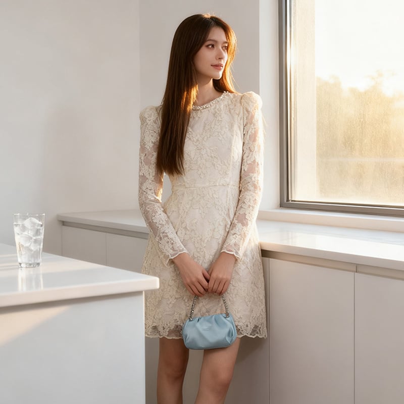 【dress】パール付きレースワンピース Q7493