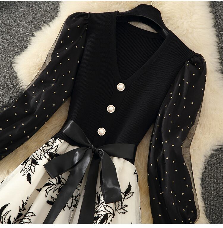 【dress】上品な質感!気質満点レトロシンプルフランス風秋冬偽二つ切り替えワンピース G3178