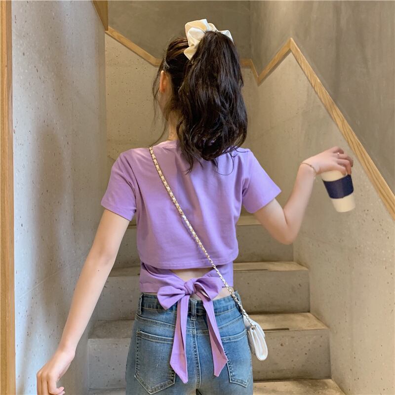 【tops】選べる5色！ラウンドネック半袖無地着回し蝶々結びTシャツ