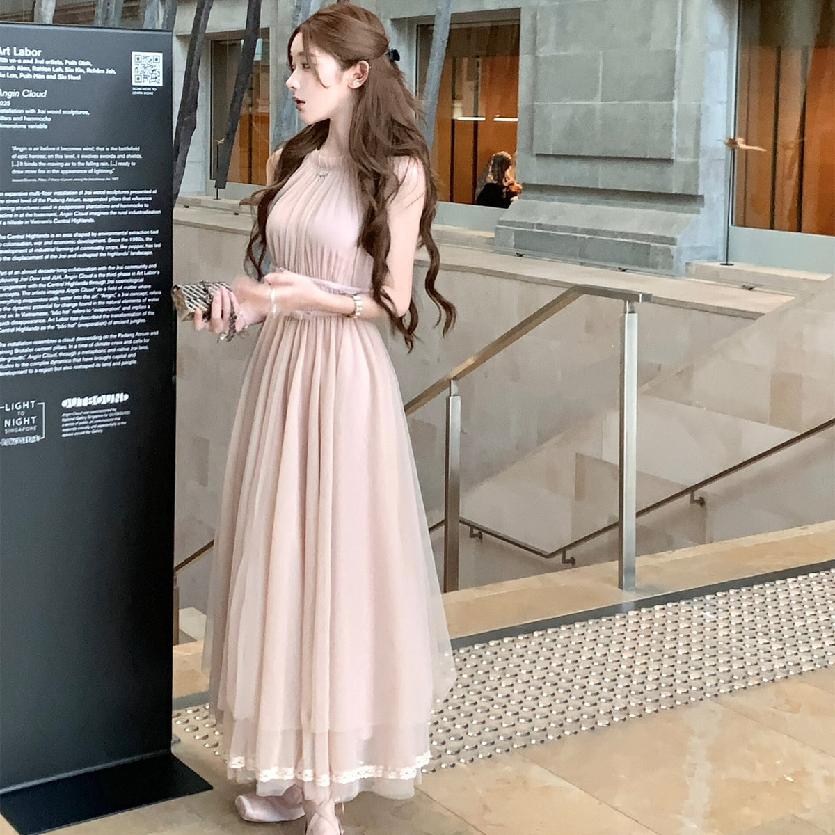 【dress】バックリボンチュールロングワンピース　N3217