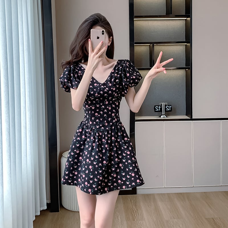 【dress】リボン付き花柄ワンピース　M24337
