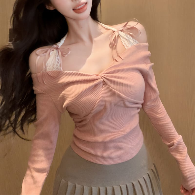 【tops】レース切り替えニットトップス　M29546