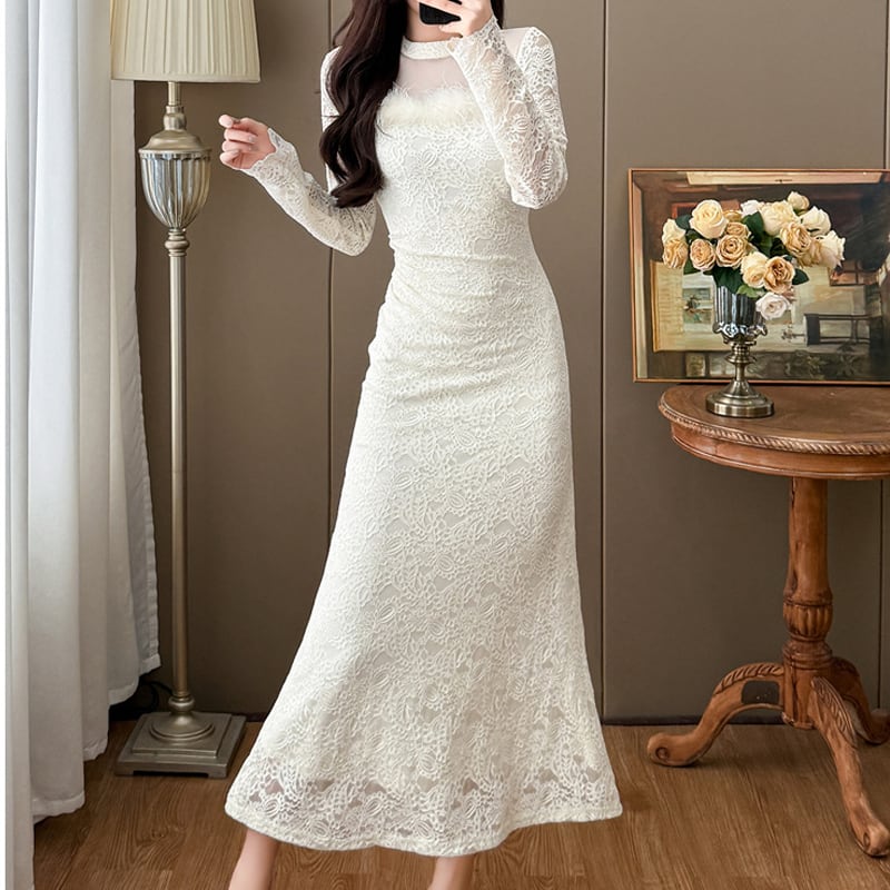 【dress】ファー付きレースワンピース Q7498