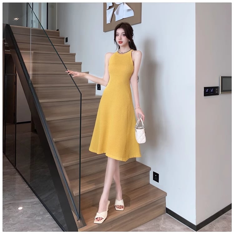 【dress】ホルターネックAラインニットワンピースF7458