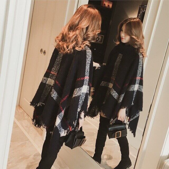 【tops】2色ハイネックドルマンスリーブおしゃれチェック柄着回しニットF3833