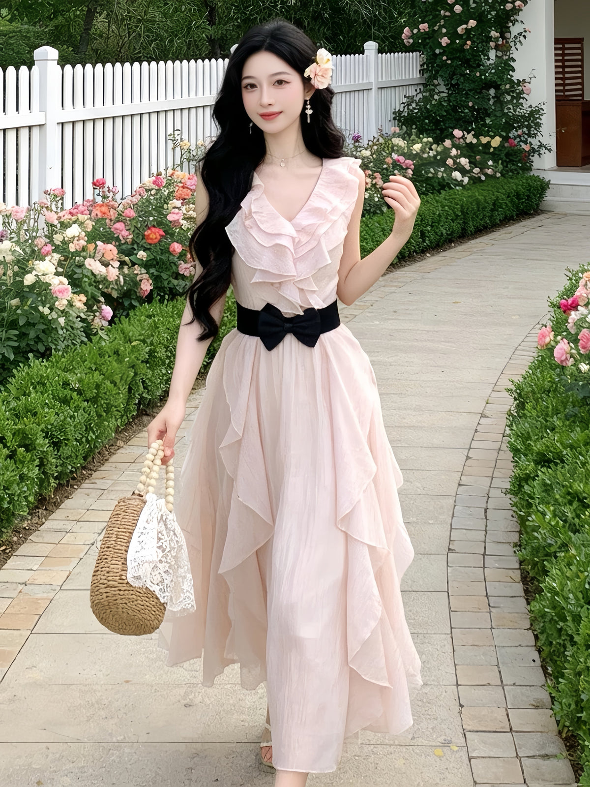 【dress】フリルリボンロングワンピース　N3537
