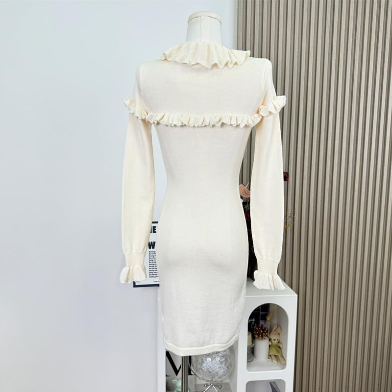 【dress】ギャザーフリルニットワンピース Q7676