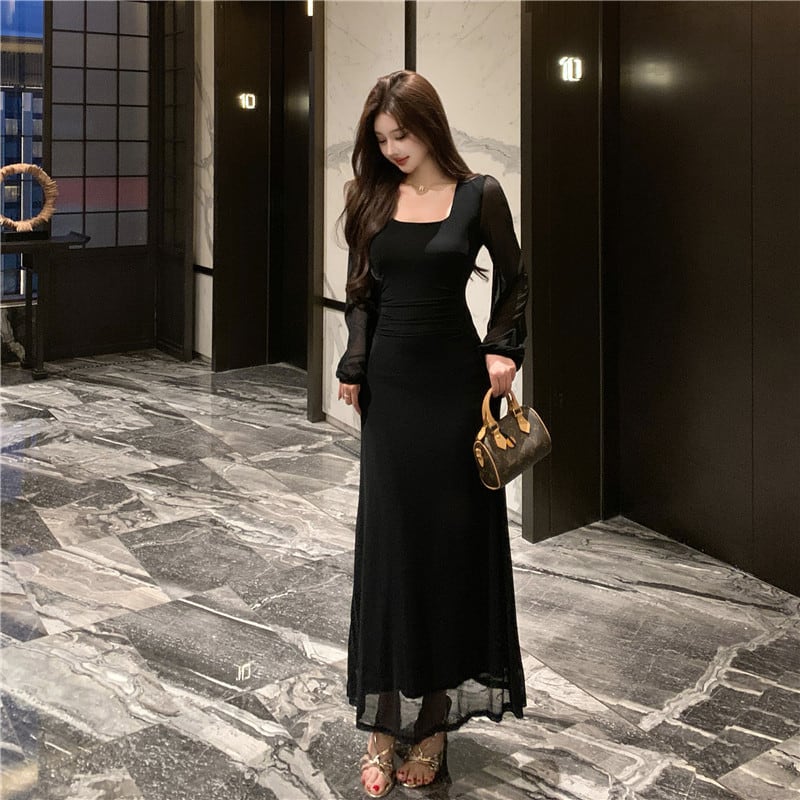 【dress】チュールドッキングロングワンピース Q7872