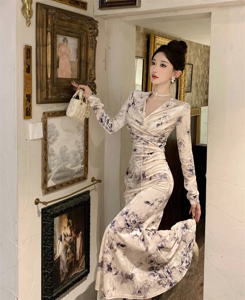 【dress】Vネックプリントワンピース G19641