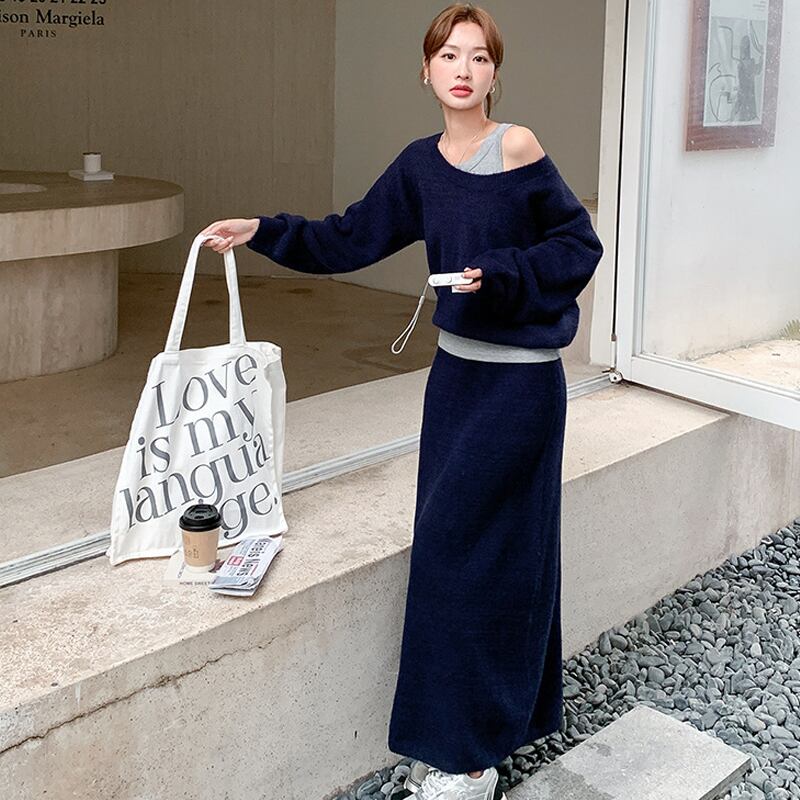 【set】キャミ×ニットトップス×ロングスカート3点セット Q6974