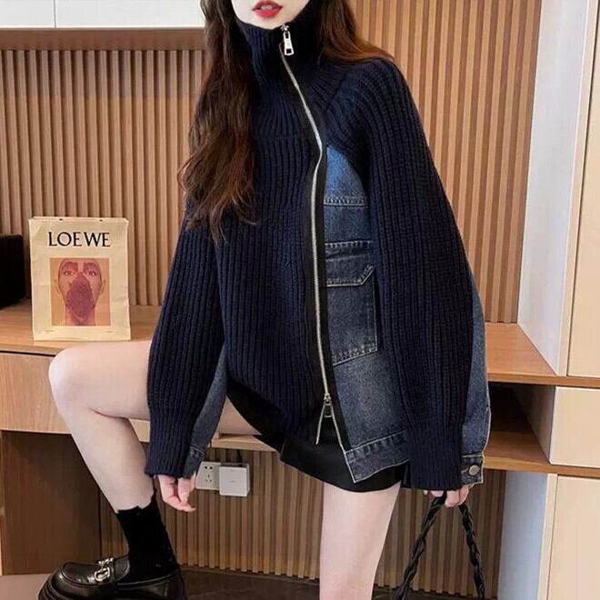 【outer】デニム切り替えニットカーデ　M29333