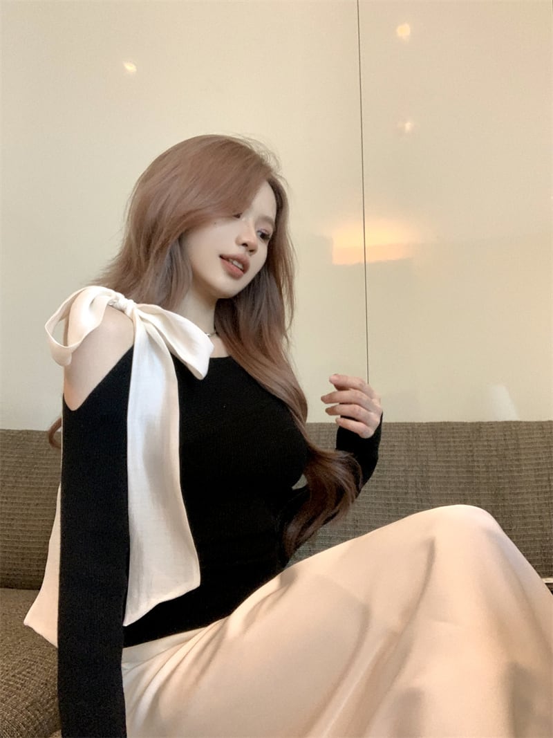 【tops】ショルダーリボンアシンメニットトップス　N2870