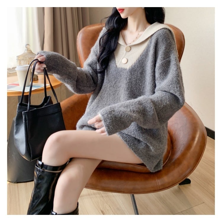 【tops】配色ニットセーター　M18490