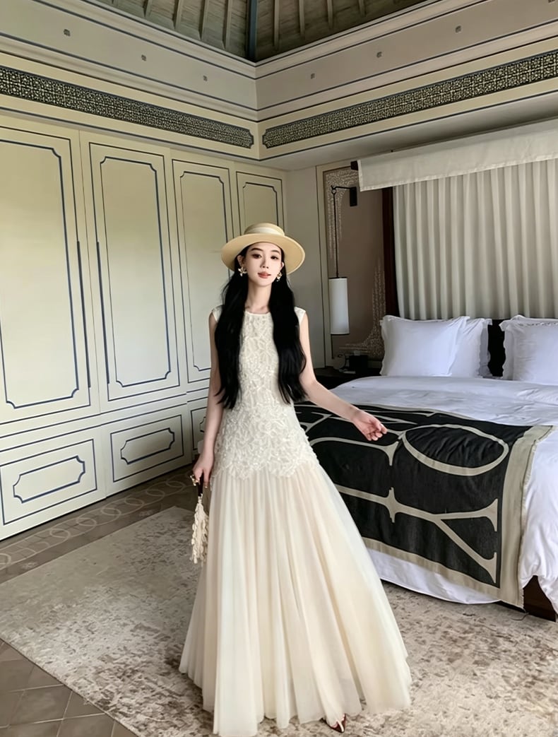 【dress】ノースリーブレースドッキングロングワンピース Q8466