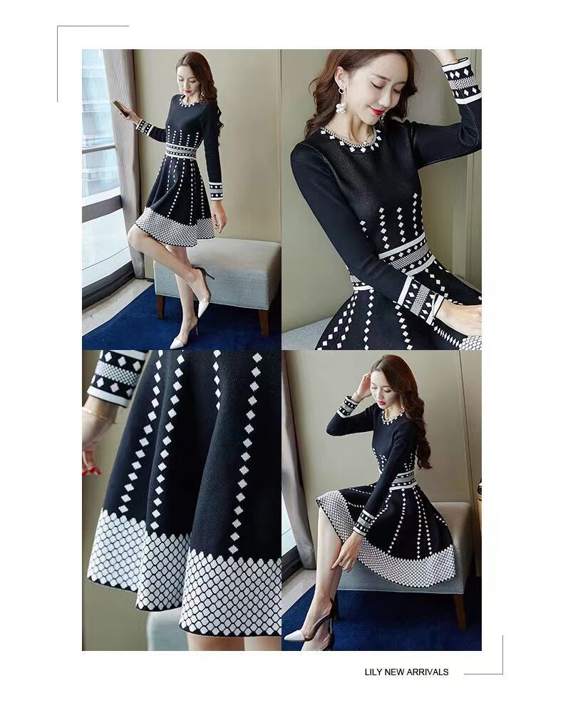 【dress】見逃し厳禁ラウンドネック長袖Aライン体型カバー韓国ファッション配色ワンピースF1415