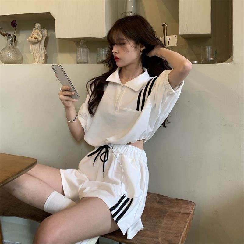 【set】INS風カジュアル気質満点POLOネックトップス+ショートパンツレディース２点セット G13533