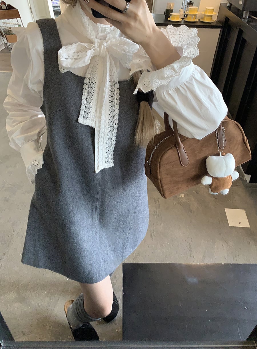 【set】リボン付きシャツトップス×ベストワンピースセット　M27459