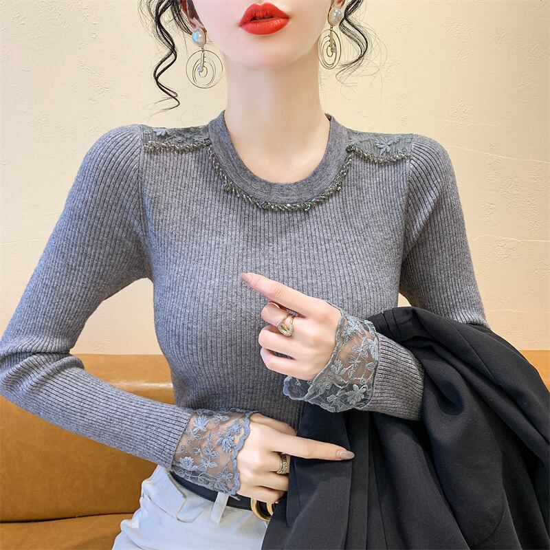 【tops】レース切り替えニットトップス　M27728