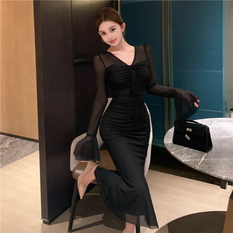 【dress】Vネックチュールワンピース Q7873