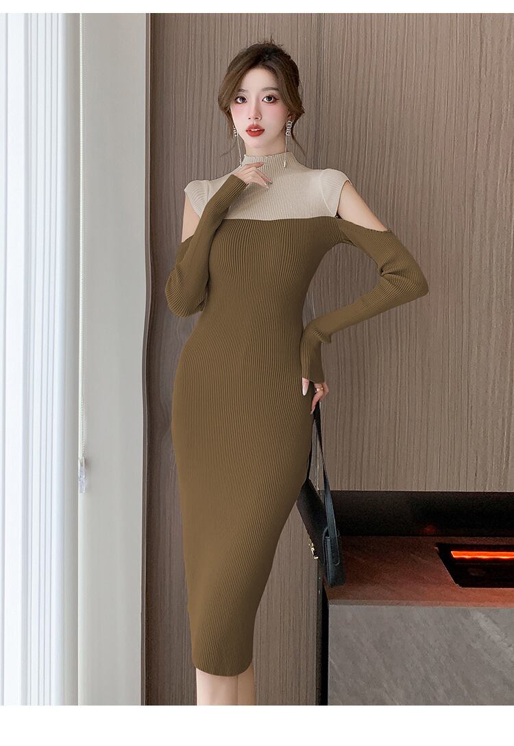 【dress】配色ドッキングオフショルダーニットワンピース　M18121
