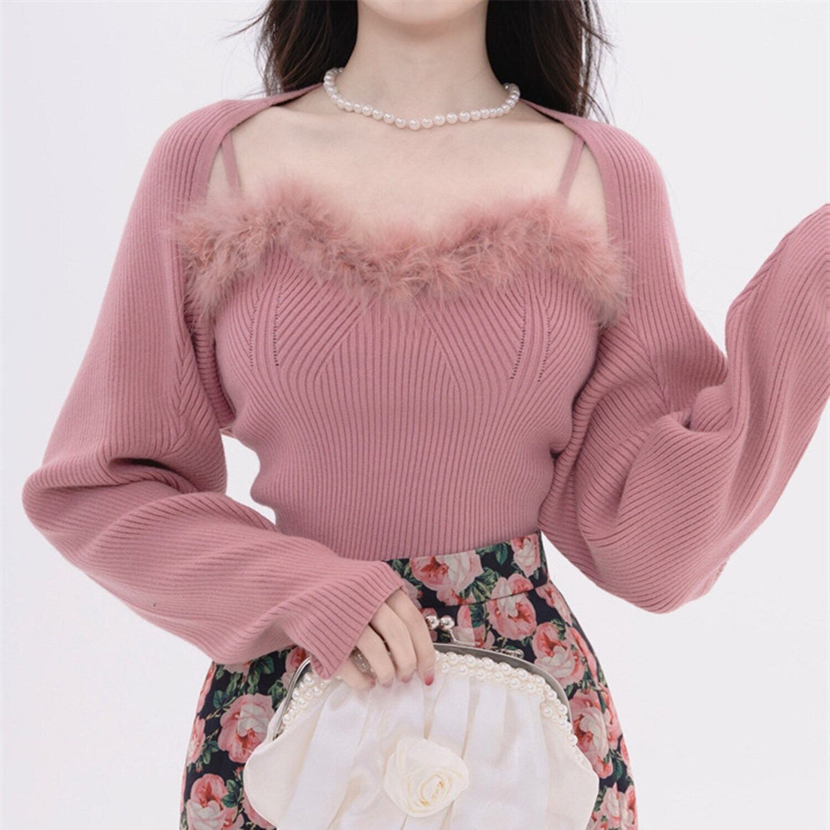 【tops】フェイクファーキャミソール×カーディガンセット　N2128