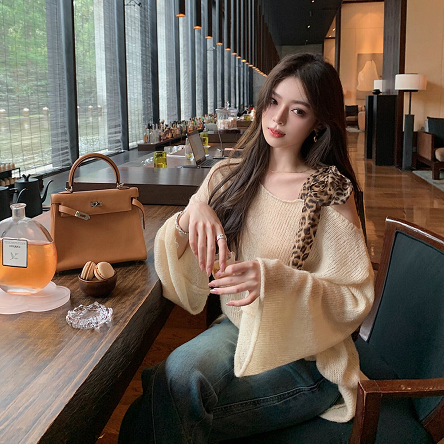 【tops】ヒョウ柄ショルダーリボンニットトップス　N3333