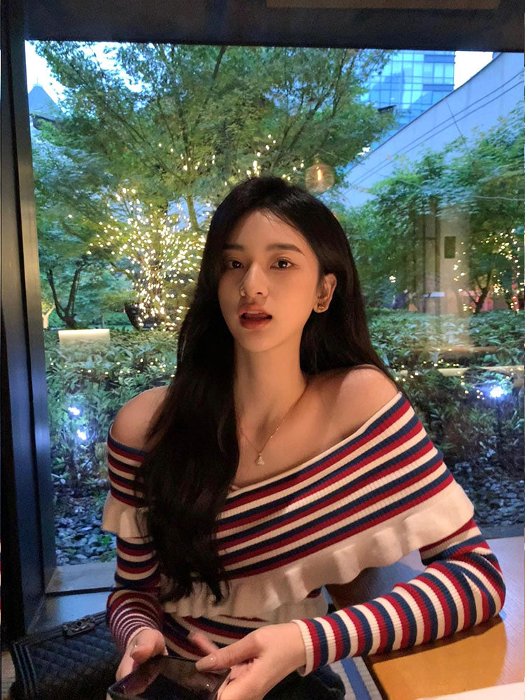 【tops】ボートネックストライプ柄ニットG23610