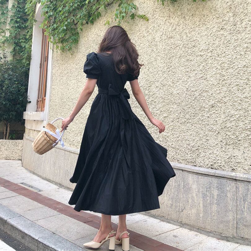 【dress】一目惚れ！ラウンドネック半袖パフ袖体型カバーファッション無地ワンピースF0627